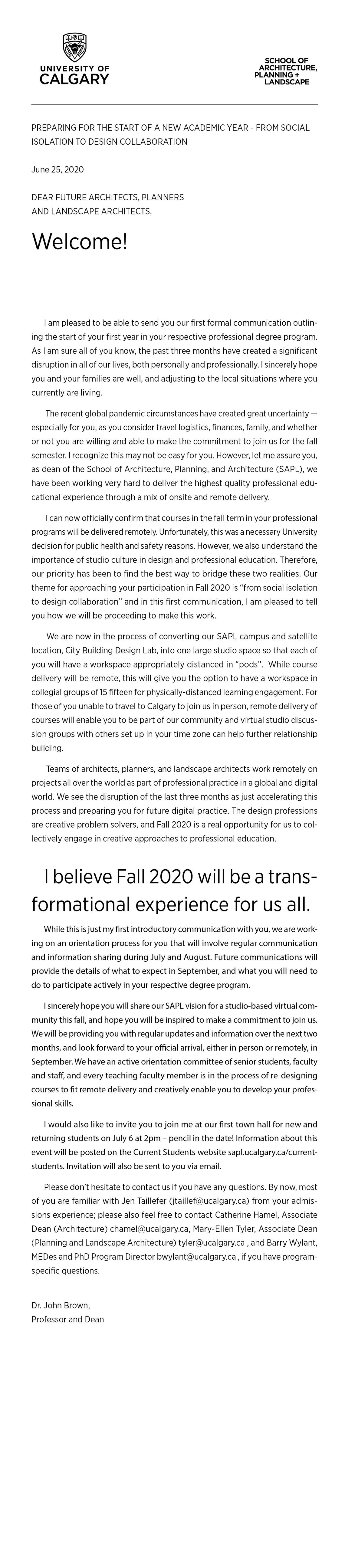 Dean's Welcome Letter 20/21